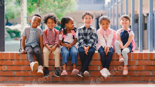 Preview: Portrait Of Smiling Multi-Cultural Elementary School Pupils Sitting On Wall Outdoors At School