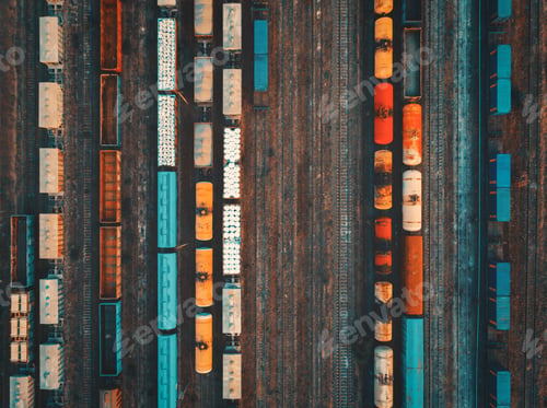 Preview: Aerial view of colorful freight trains
