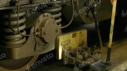 Preview: Close up part of steel diesel railcar train.