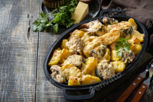 Preview: Fish casserole mackerel, potato with cheese and creamy sauce. Greek food. Copy space.