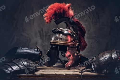 Vista previa: Complete combat equipment of the ancient Greek warrior lie on a box of wooden boards.