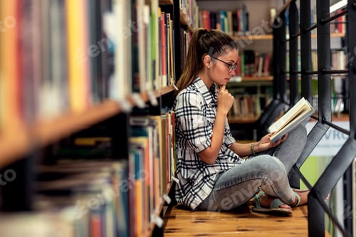 Preview: Young female student study in the library reading book while sitting near bookshelf.