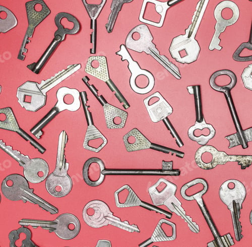 Preview: Keys set on pink background. Door lock keys and safes for proper