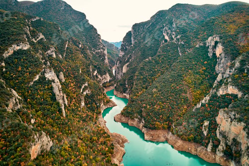 Preview: River cutting through mountains and lush forests viewed from above