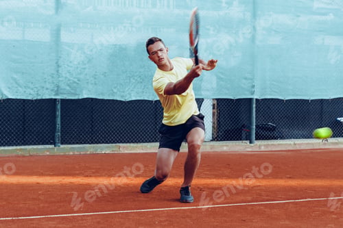 Preview: Young handsome man playing tennis on the tennis court