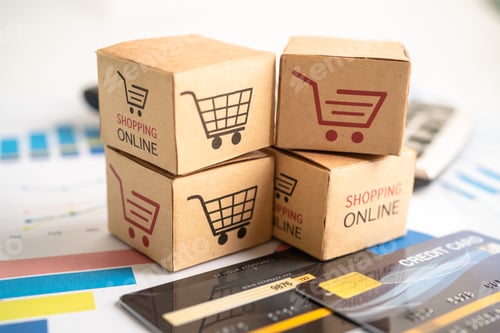 Preview: Shopping online box with credit card and calculator on graph. Finance commerce import export