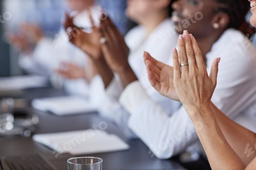 Preview: Female Doctor Clapping Hands Supporting Coworkers Speech at Working Meeting in Conference Room