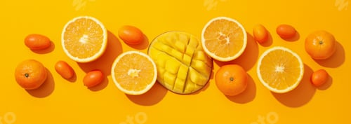 Preview: Set of tropical fruit on yellow background, top view