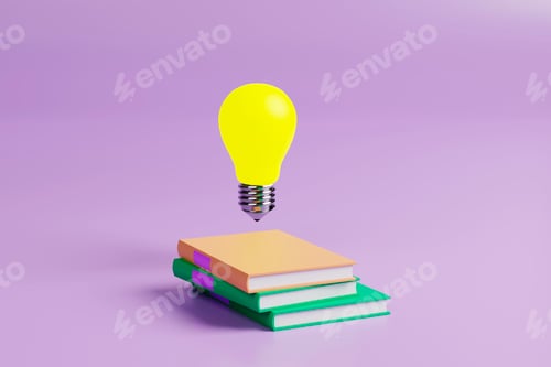 Preview: books and light bulb isolated on pink background. 3d Illustration