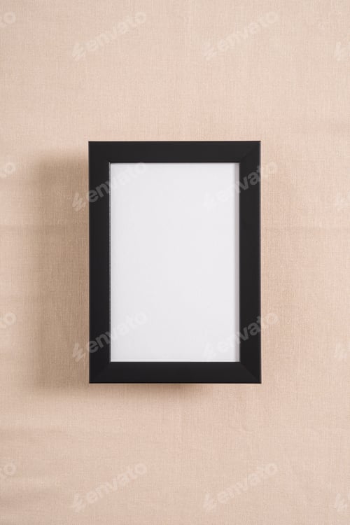 Preview: Black picture frame with white mockup on a beige textile