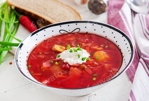 Preview: Traditional Ukrainian Russian borscht with white beans on the bowl. Beetroot soup.