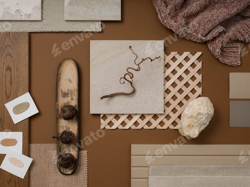 Preview: Creative flat lay composition in beige and brown color palette with textile and paint samples