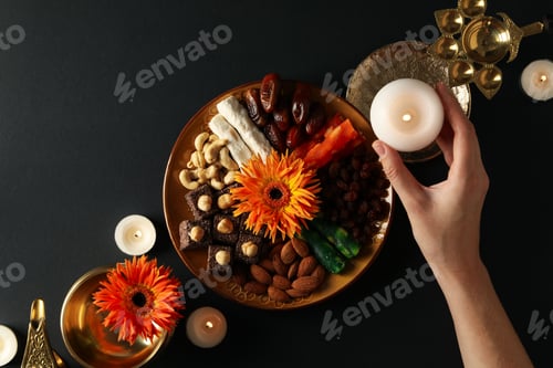 Preview: Copper dishes, plate with sweets and nuts, candles, flowers and hand on black background, top view