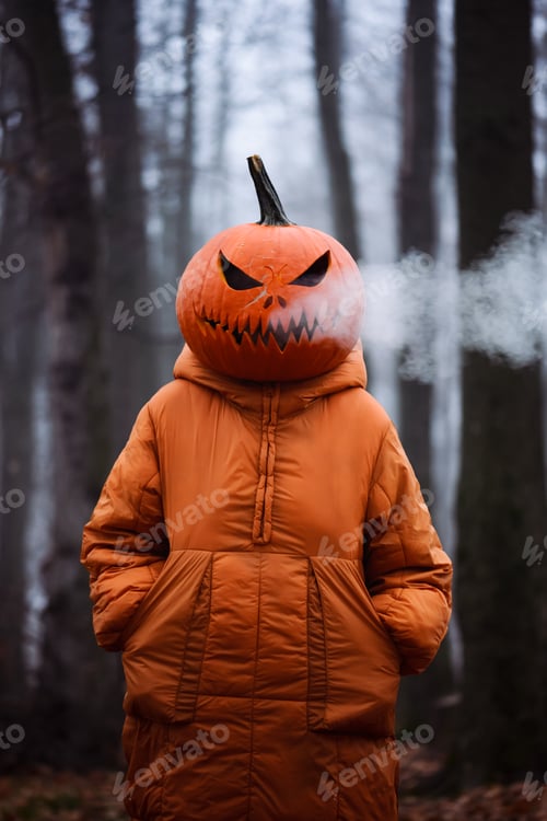 Preview: Portrait of a Halloween girl in orange jacket with smoke