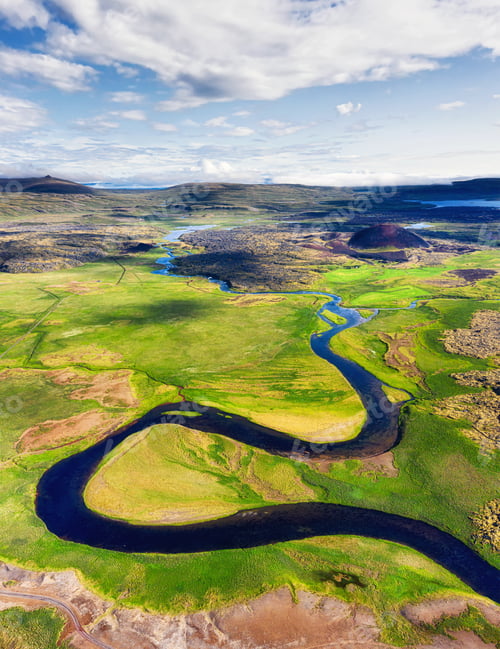 Preview: River on the field. Landscape from the air in Iceland.