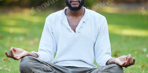 Preview: Cropped shot of an unrecognizable young man meditating while practicing yoga outside at the park