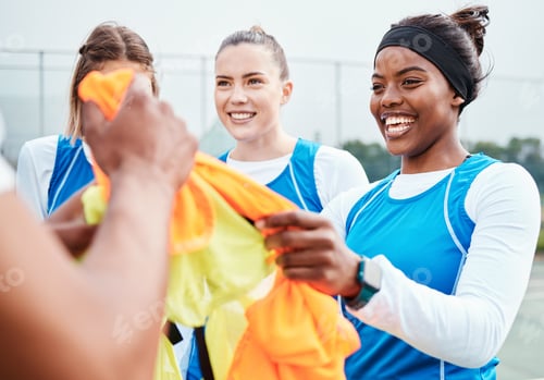 Preview: Netball, team color and exercise, girl on court outdoor for sports, student league and train for ga