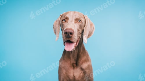 Preview: Weimaraner dog looking at camera on blue background