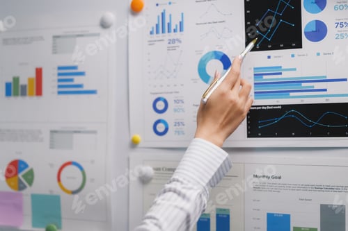 Preview: Businesswoman analyzing financial charts and graphs, presenting growth strategies