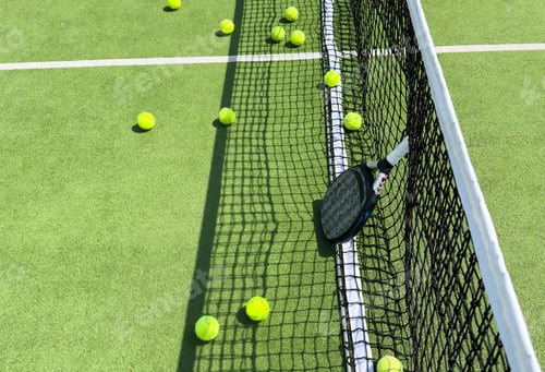 Preview: Padel racket and padel ball on a green court in the sunset