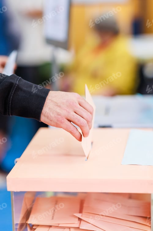 Preview: voting candidate campaign in democracy ballot box. Latin mid hand unrecognizable man