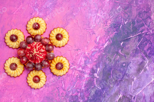 Preview: top view yummy grape cookies on pink background biscuits sweet dessert pie
