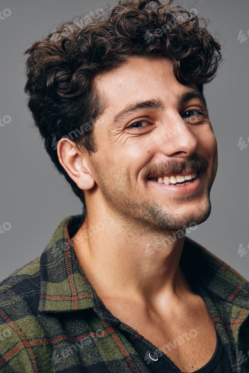 Preview: Man fashion handsome face joyful smile portrait copyspace hipster shirt trendy