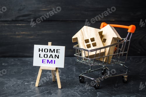 Preview: Houses in shopping cart and easel with home loan EMI. Equated Monthly Installment loan.