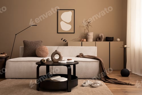 Preview: Warm and cozy brown living room interior with sofa, rug and personal accessories Home decor Template