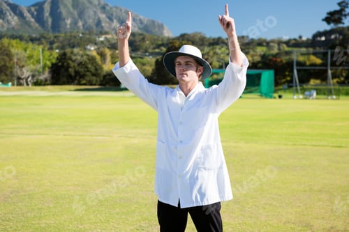 Preview: Low angle view of cricket umpire signalling six at match