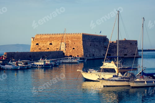Preview: Venetian Fort in Heraklion and moored fishing boats, Crete Island, Greece