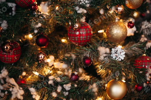 Preview: Close up of decorated Christmas pine with red and gold checkered bows and ribbons