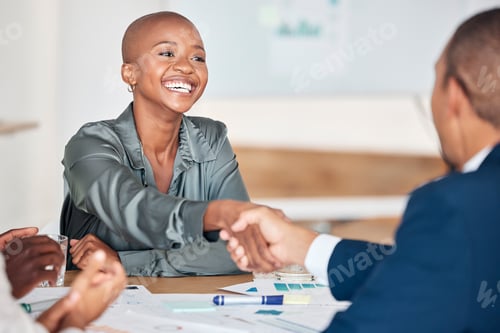 Preview: Business deal, handshake and partnership with employees shaking hands in b2b office agreement or ne