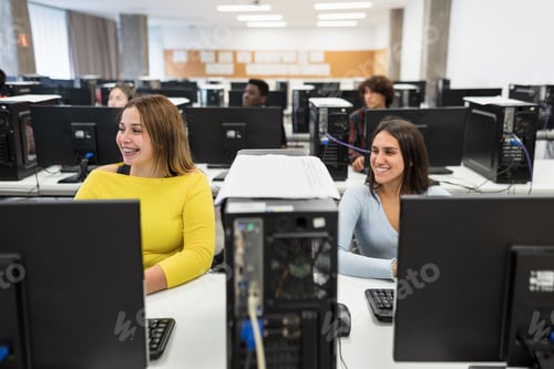 Preview: Young students listening a lecture inside university classroom - Education concept