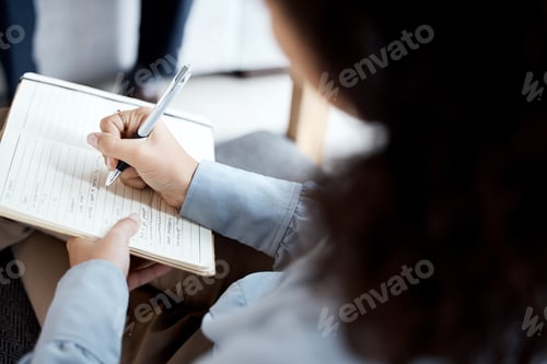 Preview: Psychologist hands, notebook and writing in therapy, counseling or psychology consultation. Therapi