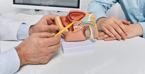Preview: Doctor consulting man patient with suspected prostate cancer using male reproductive system model