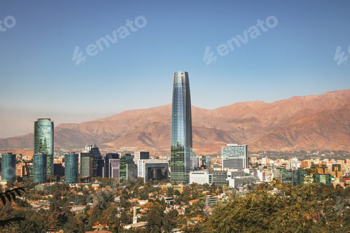 Preview: Aaerial view of Santiago skyline with Costanera skyscraper and Andes Mountains - Santiago, Chile