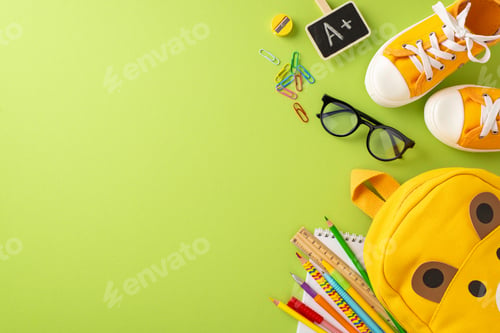 Preview: Get ready for elementary school. Top view of bear-shaped backpack, colored markers, sketchbook
