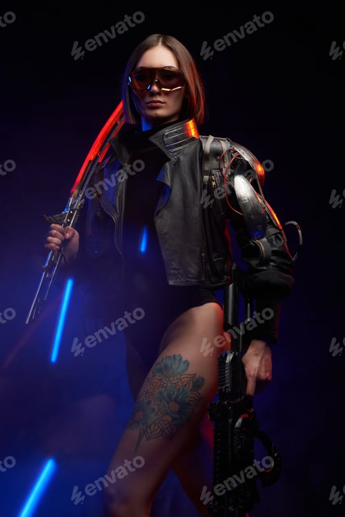 Preview: Female mercenary in cyberpunk style going in dark background