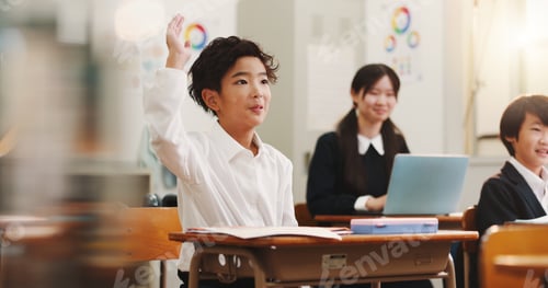 Preview: Boy, raised hand and education in classroom for learning, question and study with problem solving t