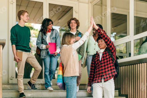Preview: Happy students giving high five at university campus