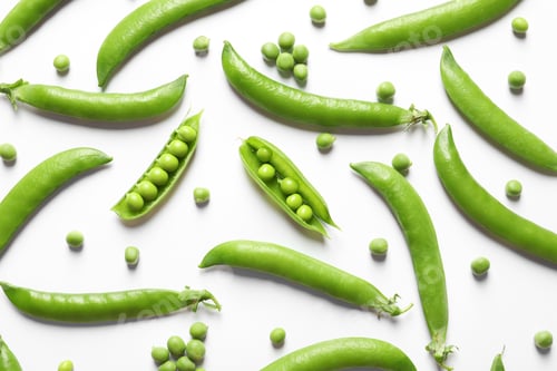 Preview: Flat lay composition with fresh peas on white background