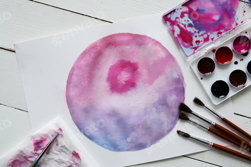 Preview: Watercolor Circle Painting with Art Supplies on Wood