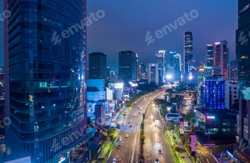 Preview: Aerial View of modern city center with skyscrapers Downtown Jakarta at Night