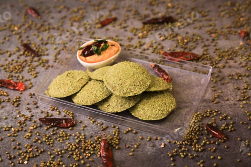 Preview: Green idly,south indian famous breakfast served with two chutneys closeup with selective focus