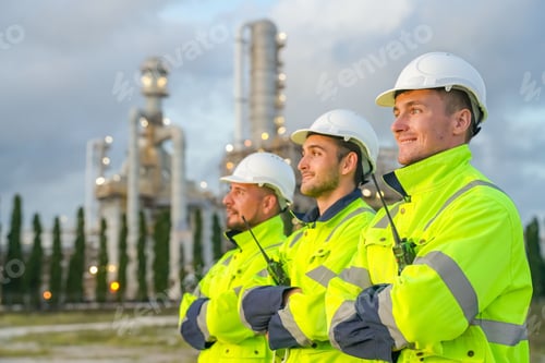 Preview: Refinery industry engineer are working and discussing at front oil and gas industrial factory,