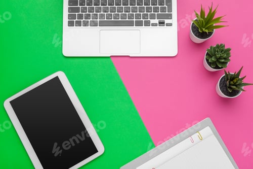 Preview: Table top view aerial image of accessories office desk background concept.Flat lay of variety object