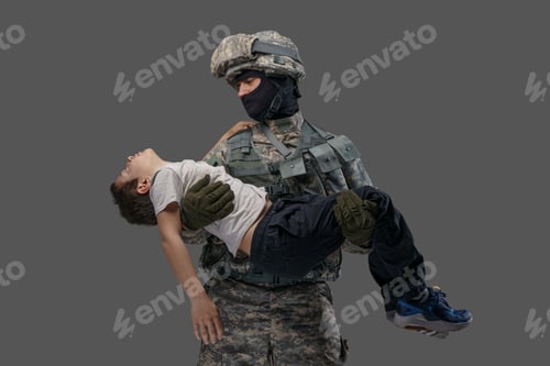 Preview: Brave soldier patriot carrying injured kid against grey background