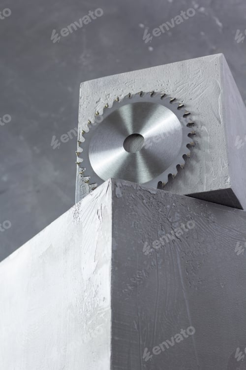 Preview: Circular saw blade on concrete cube or cement block and wall background