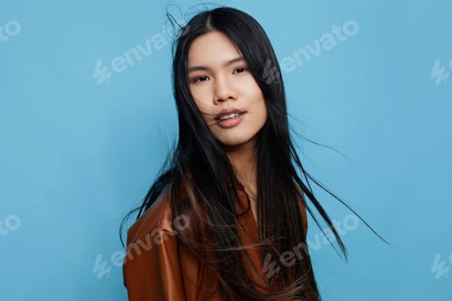 Preview: Background woman girl portrait cute attractive beauty trendy blue asian long studio smile lifestyle
